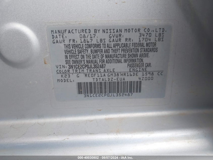 2018 Nissan Versa Note Sv VIN: 3N1CE2CP0JL352487 Lot: 40030802