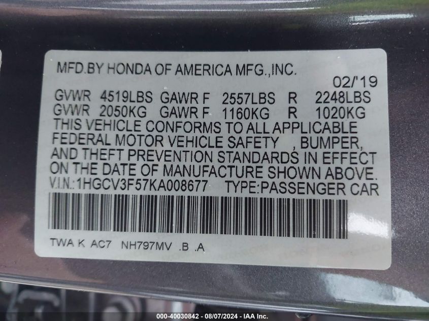 1HGCV3F57KA008677 2019 Honda Accord Hybrid Ex-L