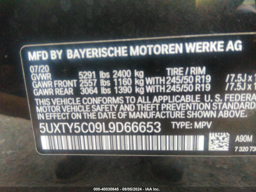 2020 BMW X3 xDrive30I VIN: 5UXTY5C09L9D66653 Lot: 40030845