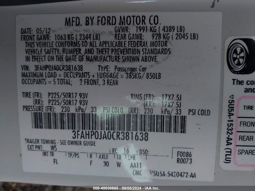 2012 Ford Fusion Sel VIN: 3FAHP0JA0CR381638 Lot: 40030885