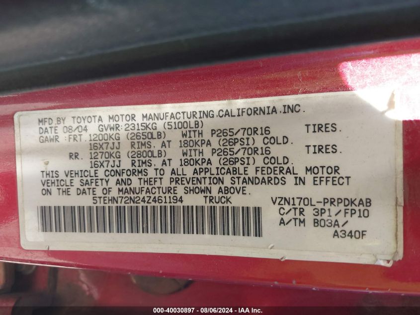 2004 Toyota Tacoma Base V6 VIN: 5TEHN72N24Z461194 Lot: 40030897
