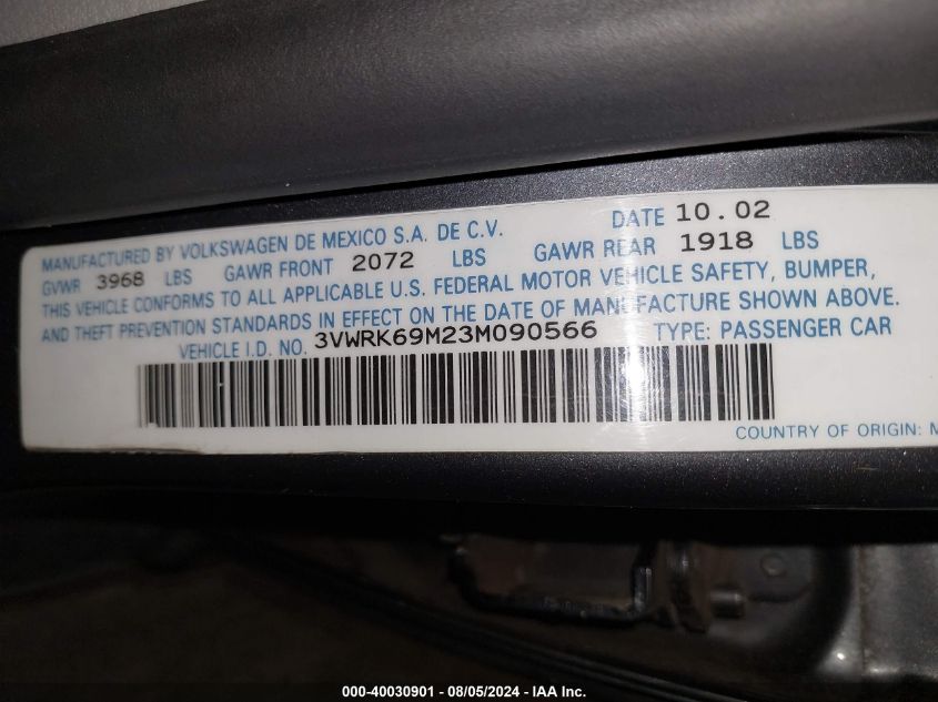 2003 Volkswagen Jetta Gl VIN: 3VWRK69M23M090566 Lot: 40030901