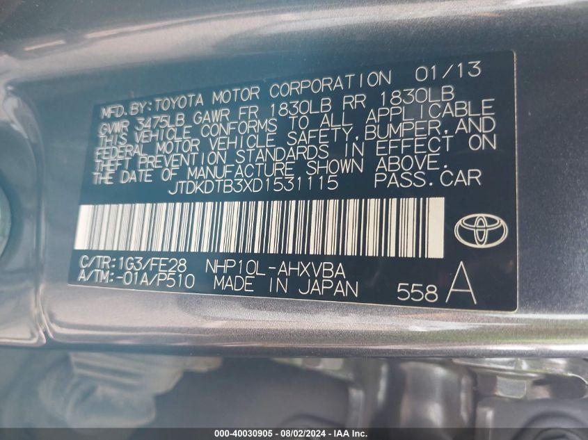 2013 Toyota Prius C One VIN: JTDKDTB3XD1531115 Lot: 40030905