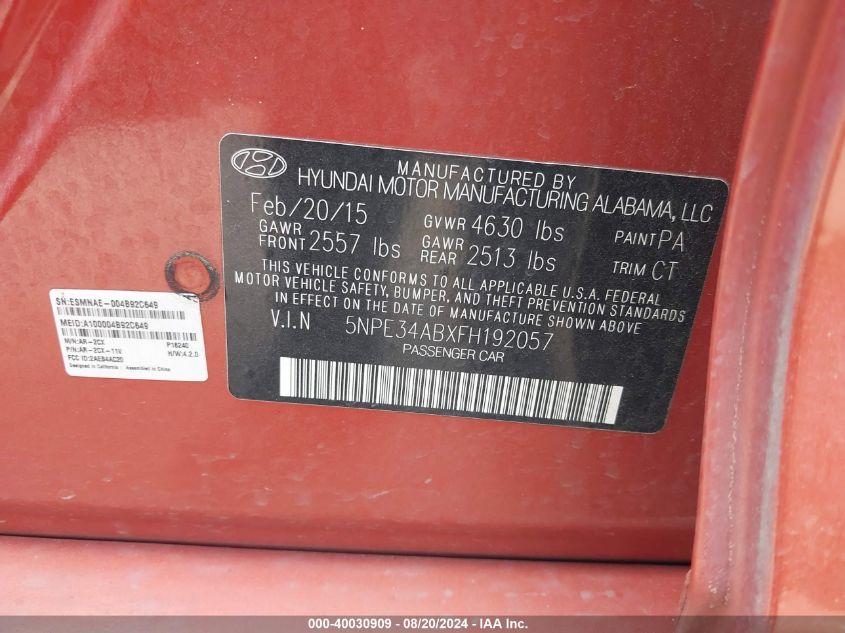 2015 Hyundai Sonata Limited 2.0T VIN: 5NPE34ABXFH192057 Lot: 40030909