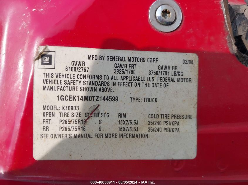 1996 Chevrolet Gmt-400 K1500 VIN: 1GCEK14M0TZ144599 Lot: 40030911