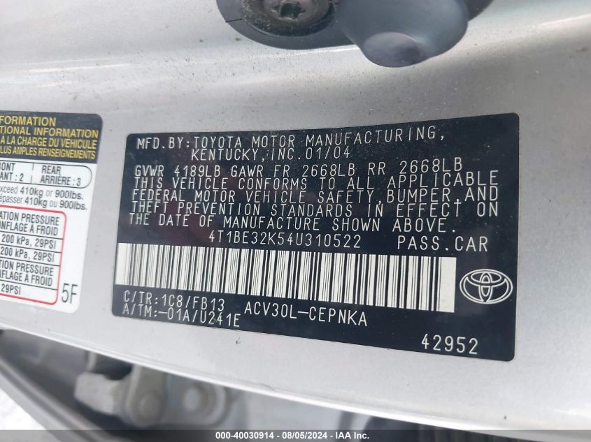 2004 Toyota Camry Le VIN: 4T1BE32K54U310522 Lot: 40030914