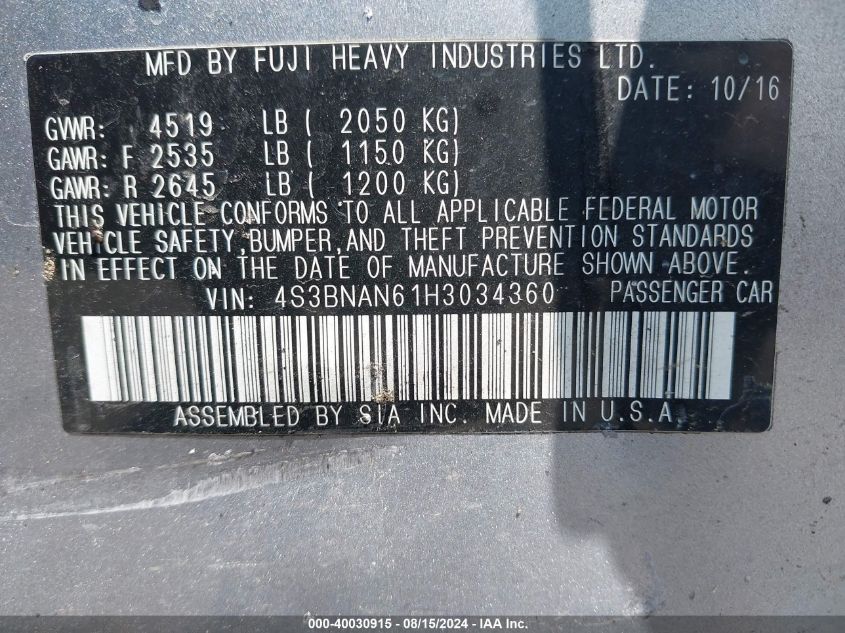 2017 Subaru Legacy 2.5I Limited VIN: 4S3BNAN61H3034360 Lot: 40030915