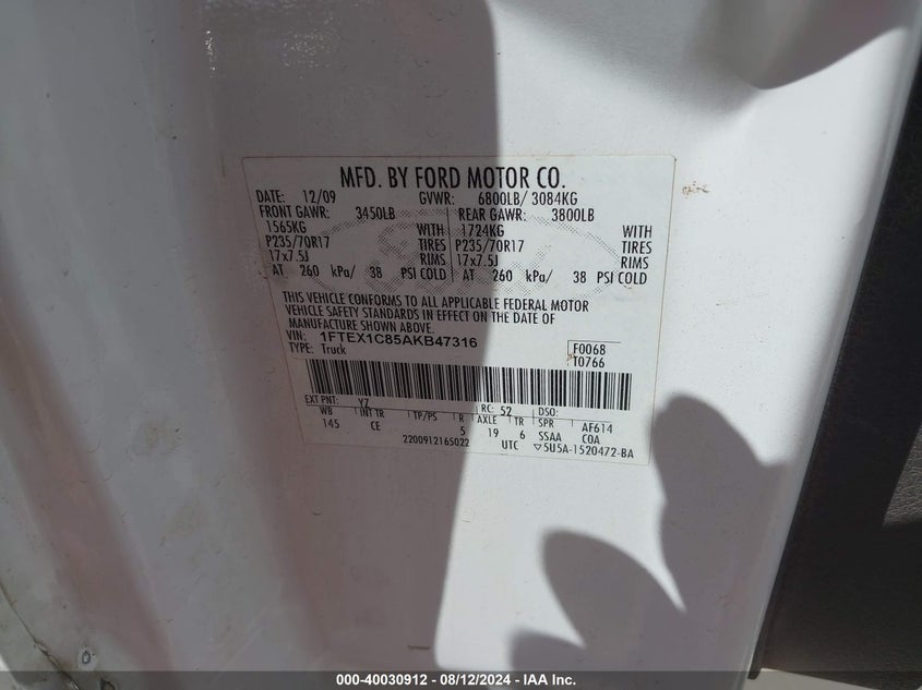 2010 Ford F-150 Fx2 Sport/Stx/Xl/Xlt VIN: 1FTEX1C85AKB47316 Lot: 40030912