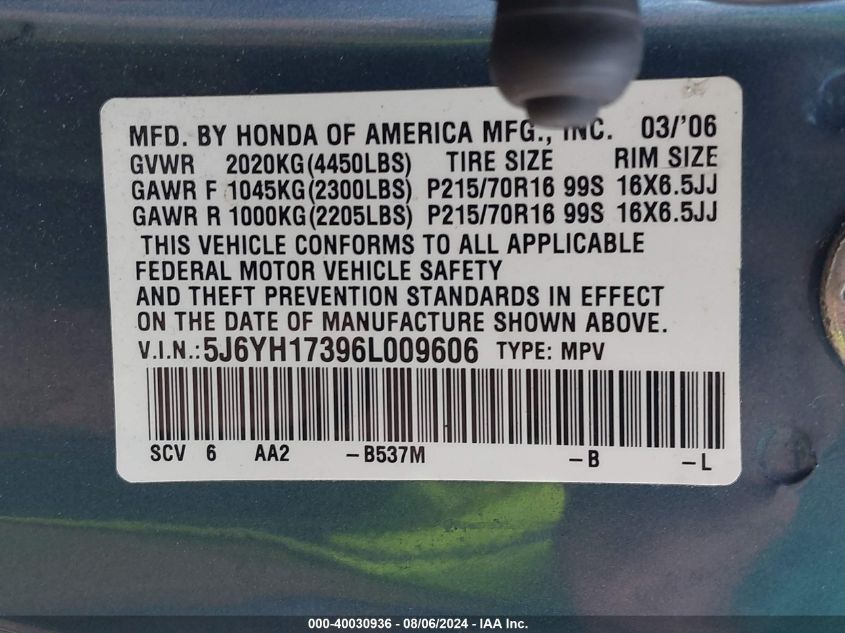 2006 Honda Element Lx VIN: 5J6YH17396L009606 Lot: 40030936