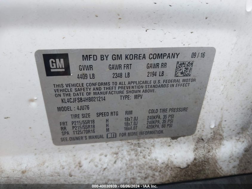 2017 Buick Encore Preferred Ii VIN: KL4CJFSB4HB021214 Lot: 40030939