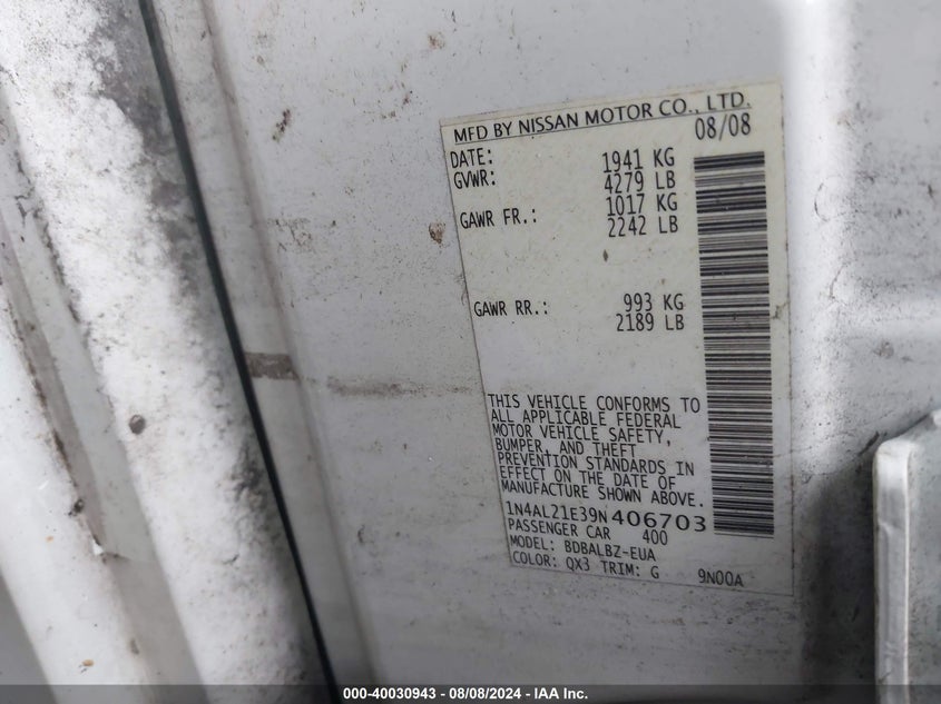 2009 Nissan Altima 2.5 S VIN: 1N4AL21E39N406703 Lot: 40030943