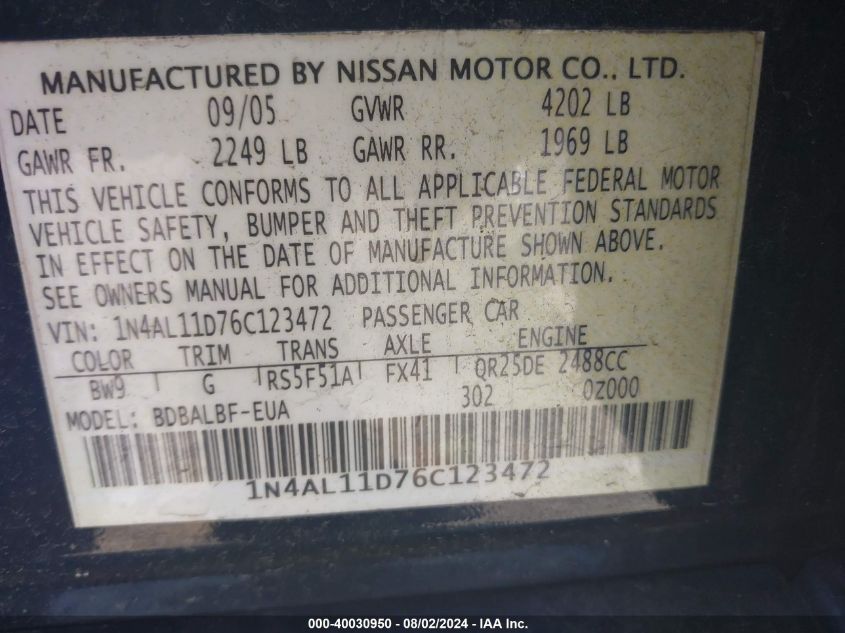 1N4AL11D76C123472 | 2006 NISSAN ALTIMA