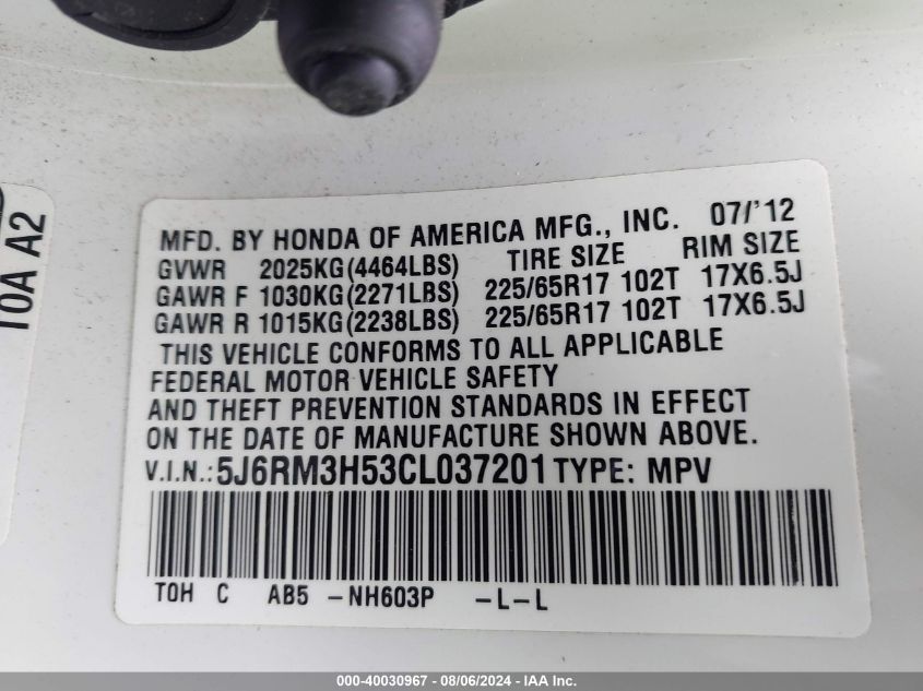 2012 Honda Cr-V Ex VIN: 5J6RM3H53CL037201 Lot: 40030967