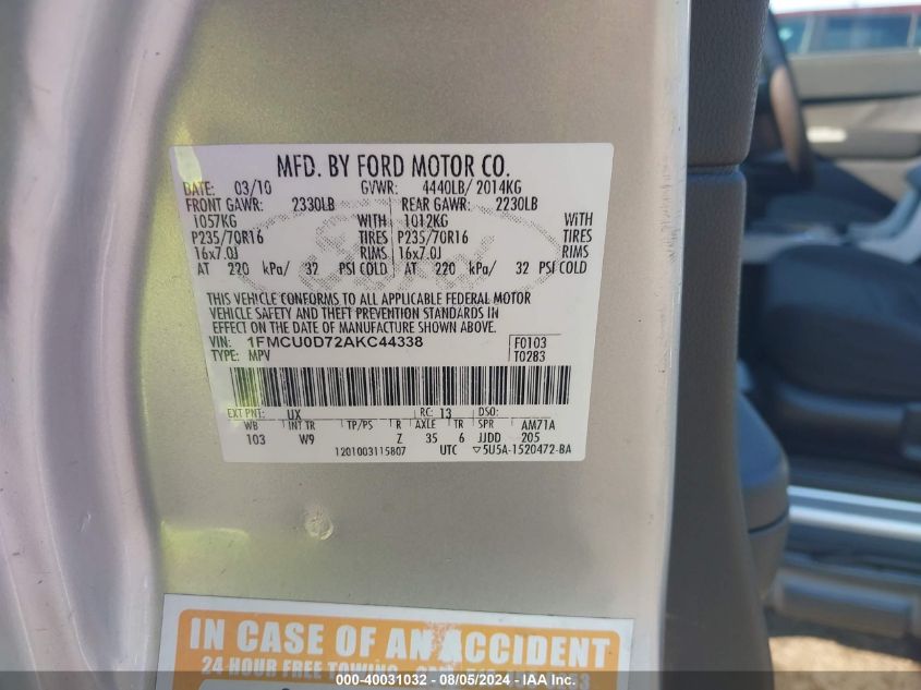 2010 Ford Escape Xlt VIN: 1FMCU0D72AKC44338 Lot: 40031032