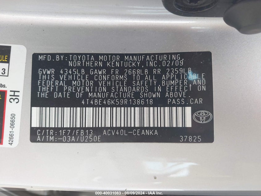 2009 Toyota Camry Le VIN: 4T4BE46K59R138618 Lot: 40031083