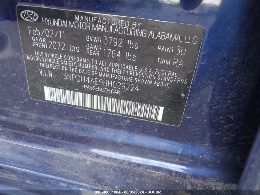 2011 Hyundai Elantra Gls VIN: 5NPDH4AE9BH029224 Lot: 40031084