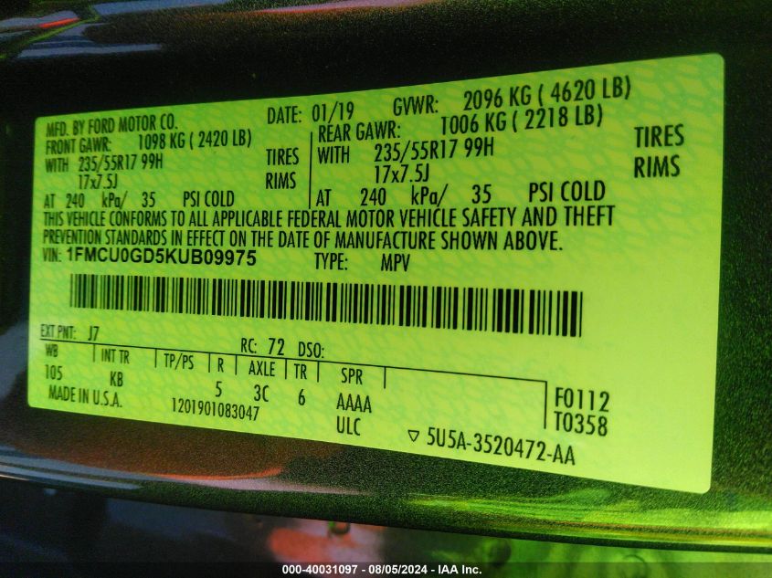 2019 Ford Escape Se VIN: 1FMCU0GD5KUB09975 Lot: 40031097