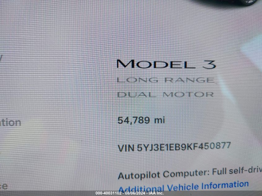 2019 Tesla Model 3 Long Range/Performance VIN: 5YJ3E1EB9KF450877 Lot: 40031102