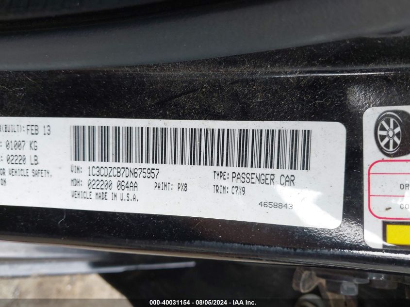 2013 Dodge Avenger Sxt VIN: 1C3CDZCB7DN675957 Lot: 40031154