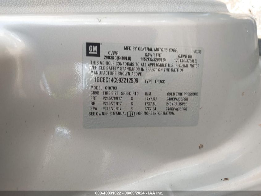 2009 Chevrolet Silverado C1500 VIN: 1GCEC14C99Z212508 Lot: 40031022
