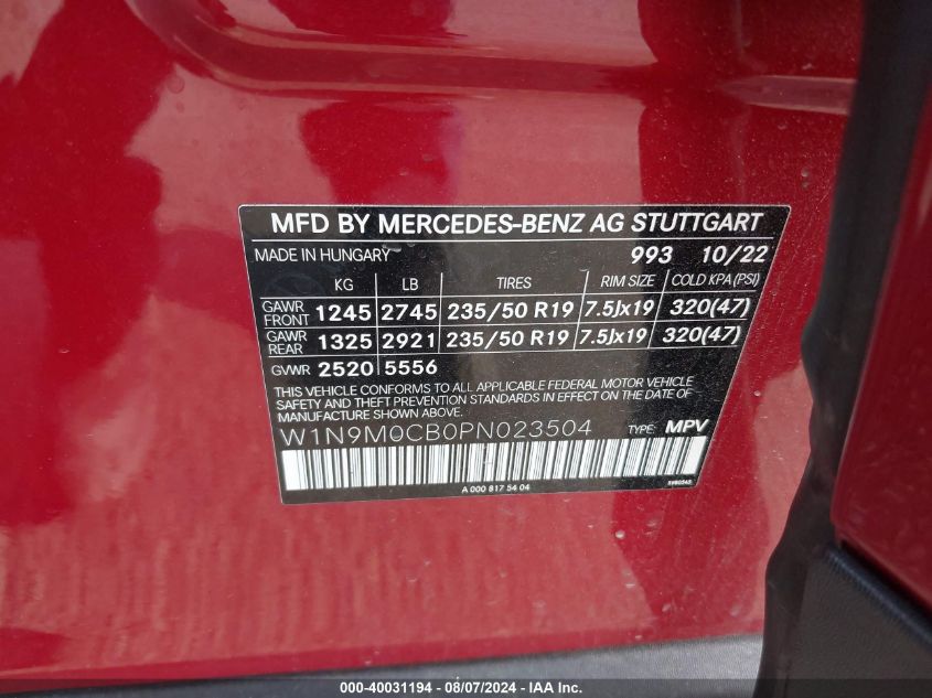 2023 Mercedes-Benz Eqb 250 Suv VIN: W1N9M0CB0PN023504 Lot: 40031194