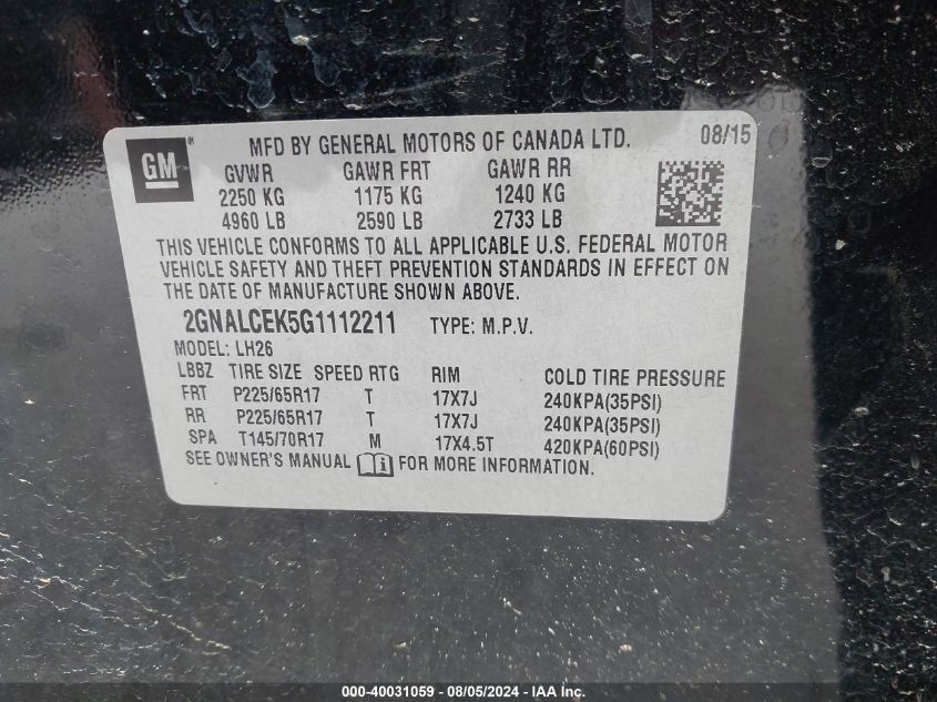 2016 Chevrolet Equinox Lt VIN: 2GNALCEK5G1112211 Lot: 40031059