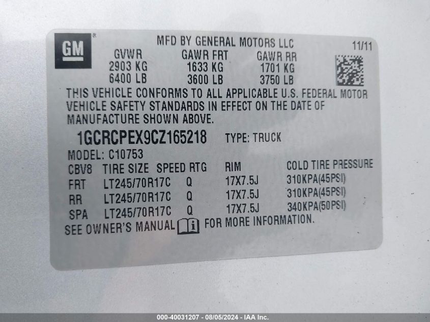 2012 Chevrolet Silverado 1500 Work Truck VIN: 1GCRCPEX9CZ165218 Lot: 40031207