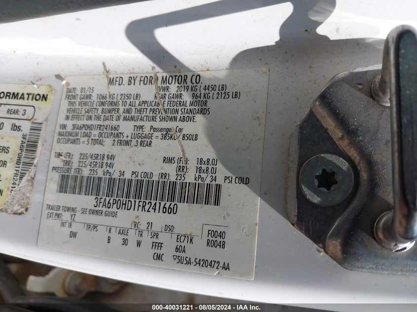 2015 Ford Fusion Se VIN: 3FA6P0HD1FR241660 Lot: 40031221