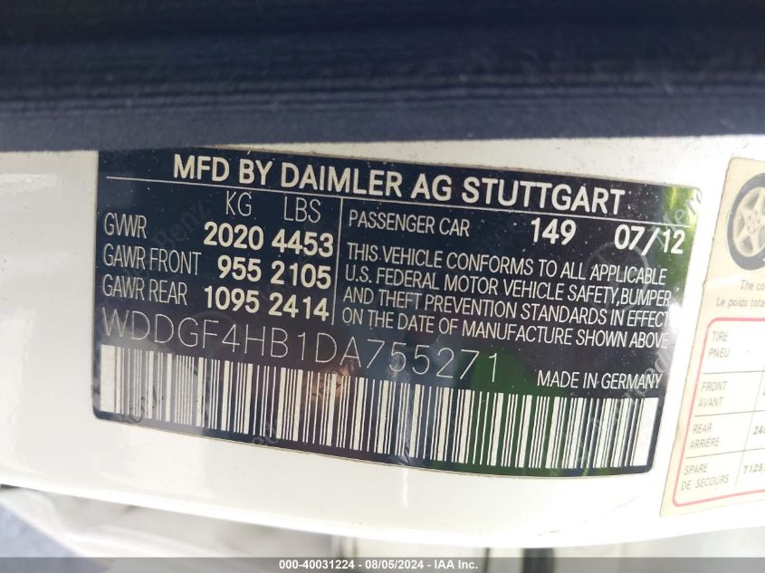 2013 Mercedes-Benz C 250 Luxury/Sport VIN: WDDGF4HB1DA755271 Lot: 40031224