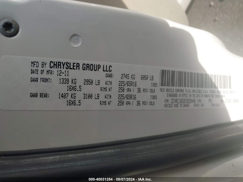 2012 Chrysler Town & Country Touring VIN: 2C4RC1BG9CR229446 Lot: 40031254