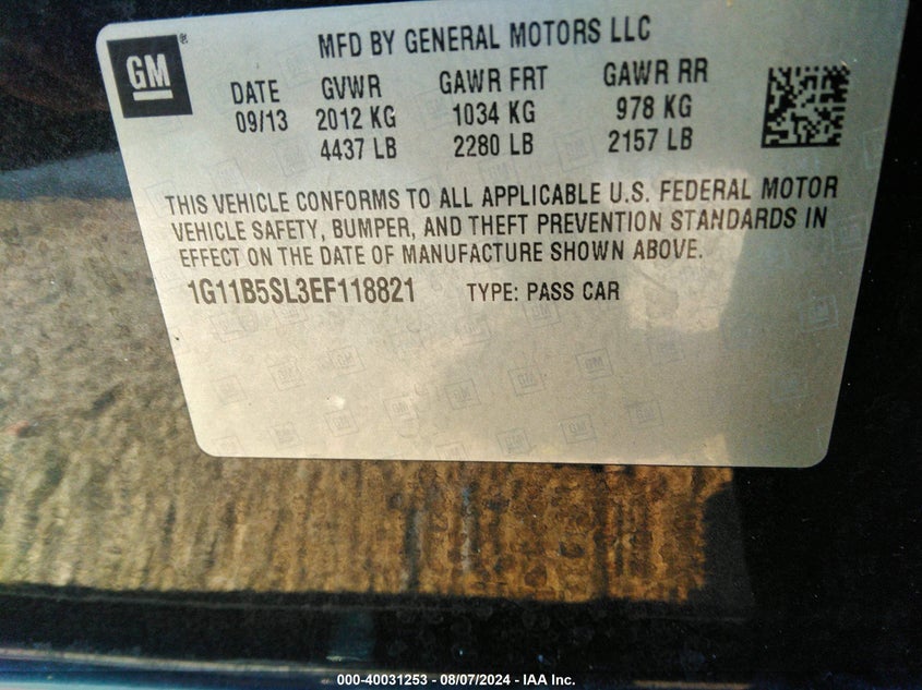 2014 Chevrolet Malibu 1Ls VIN: 1G11B5SL3EF118821 Lot: 40031253