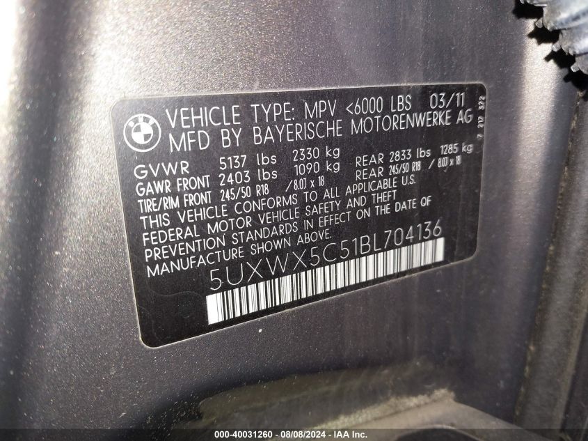 2011 BMW X3 xDrive28I VIN: 5UXWX5C51BL704136 Lot: 40031260