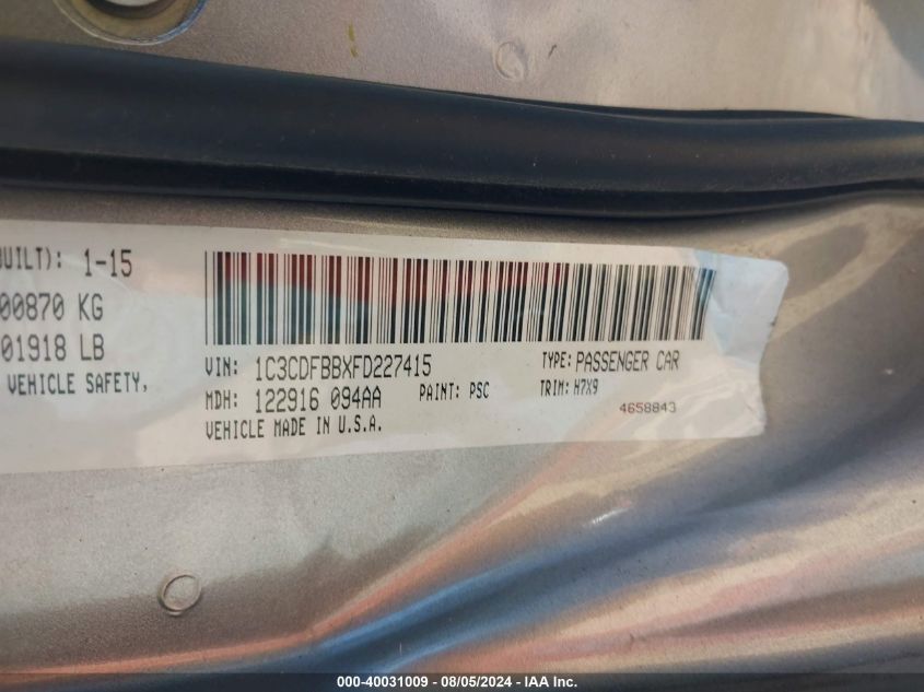 2015 Dodge Dart Sxt VIN: 1C3CDFBBXFD227415 Lot: 40031009