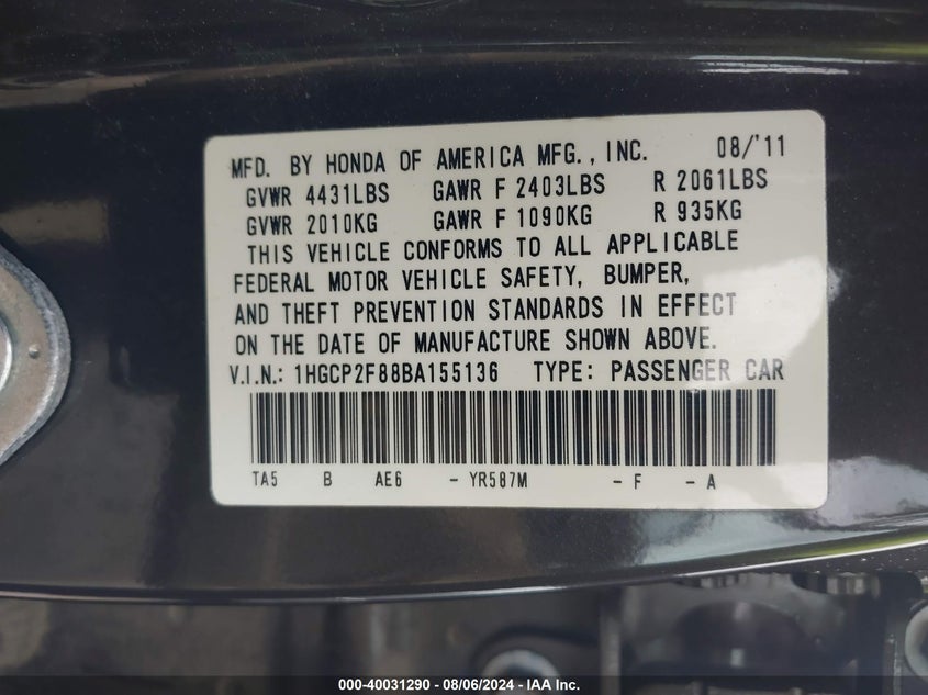 2011 Honda Accord 2.4 Ex-L VIN: 1HGCP2F88BA155136 Lot: 40031290