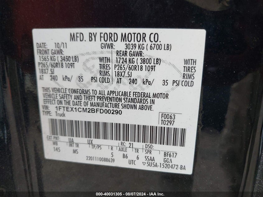 2011 Ford F-150 Xlt VIN: 1FTEX1CM2BFD00290 Lot: 40031305