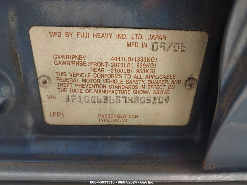 2007 Subaru Impreza Outback Sport VIN: JF1GG63657H805104 Lot: 40031315