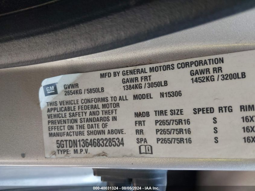 2006 Hummer H3 Suv VIN: 5GTDN136468328534 Lot: 40031324