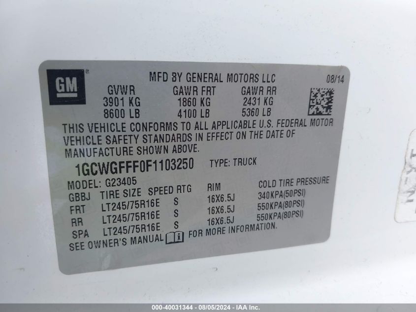 2015 Chevrolet Express 2500 Work Van VIN: 1GCWGFFF0F1103250 Lot: 40031344