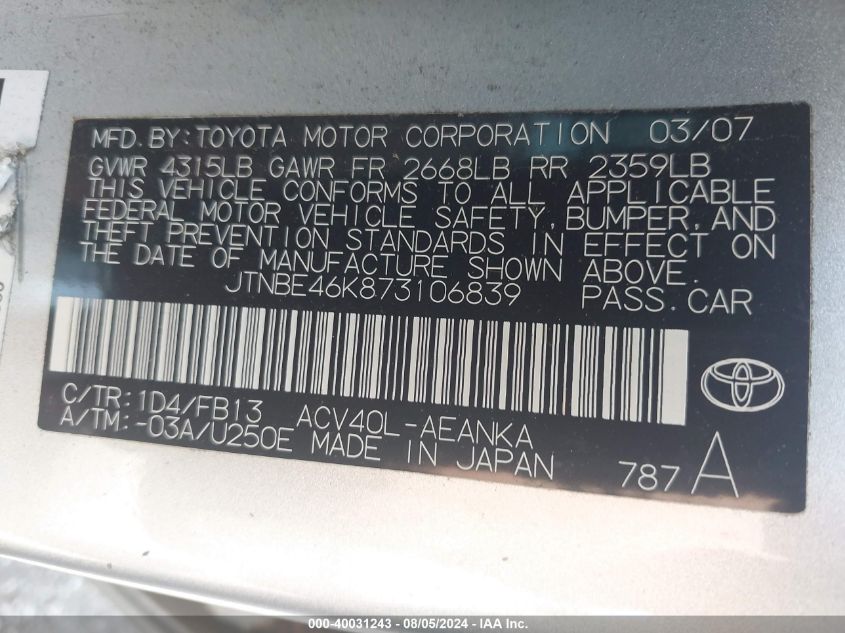 JTNBE46K873106839 | 2007 TOYOTA CAMRY