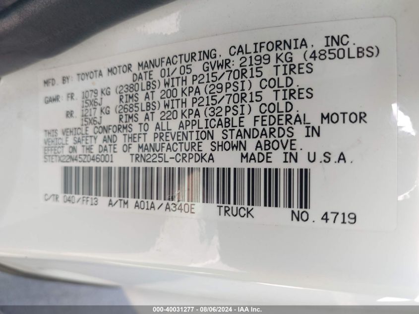2005 Toyota Tacoma VIN: 5TETX22N45Z046001 Lot: 40031277