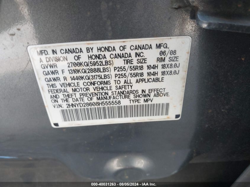 2008 Acura Mdx Technology Package VIN: 2HNYD28608H555558 Lot: 40031263