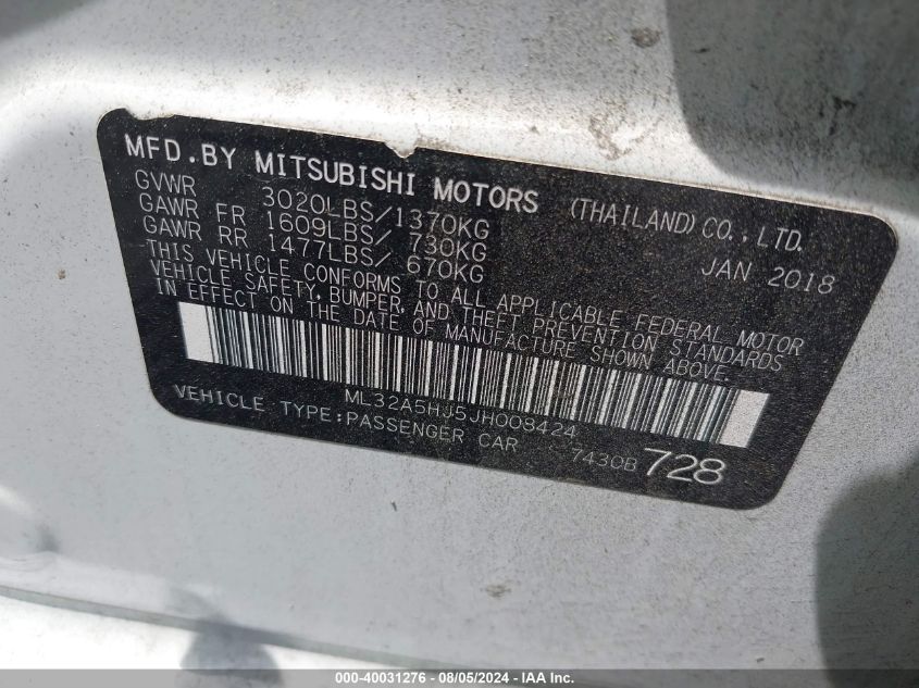 2018 Mitsubishi Mirage Gt VIN: ML32A5HJ5JH008424 Lot: 40031276