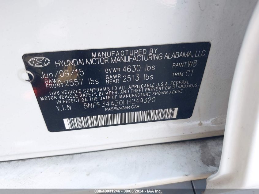 2015 Hyundai Sonata Limited 2.0T VIN: 5NPE34AB0FH249320 Lot: 40031246