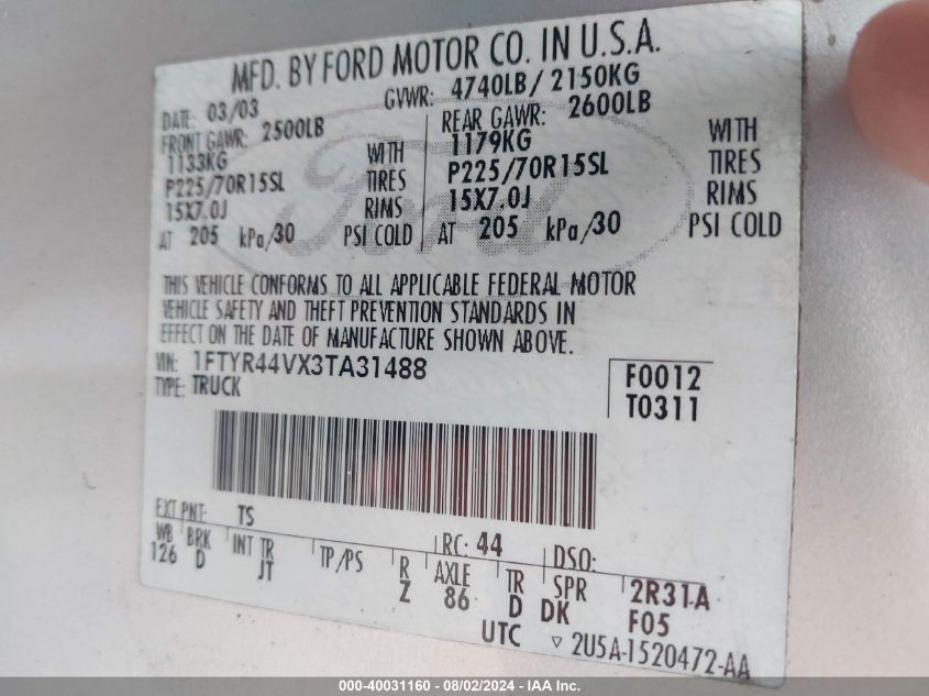 2003 Ford Ranger Edge/Tremor/Xlt VIN: 1FTYR44VX3TA31488 Lot: 40031160
