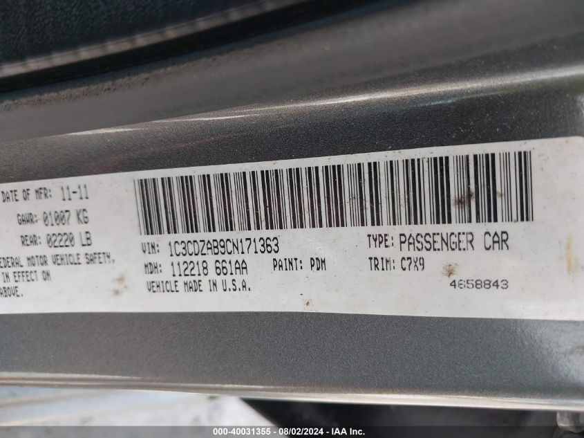 2012 Dodge Avenger Se VIN: 1C3CDZAB9CN171363 Lot: 40031355