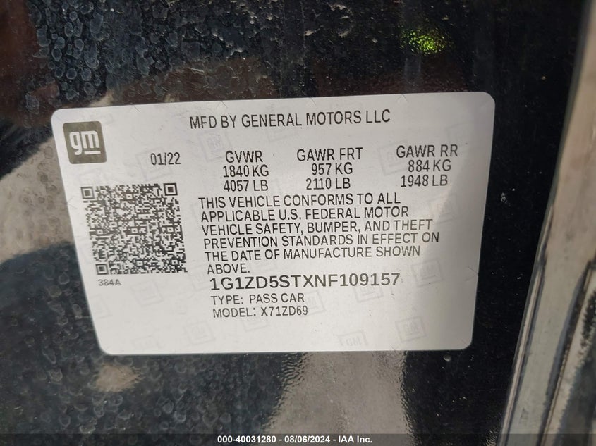 2022 CHEVROLET MALIBU FWD LT - 1G1ZD5STXNF109157