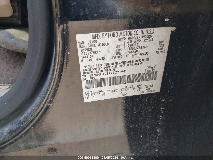 2000 Ford Excursion Limited VIN: 1FMNU42S7YEC71941 Lot: 40031380