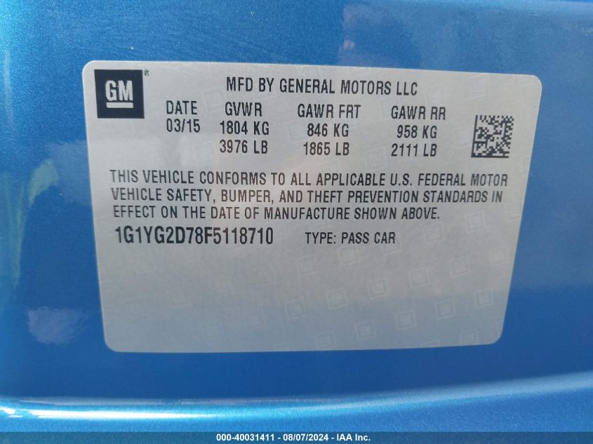 2015 Chevrolet Corvette Stingray Z51 VIN: 1G1YG2D78F5118710 Lot: 40031411