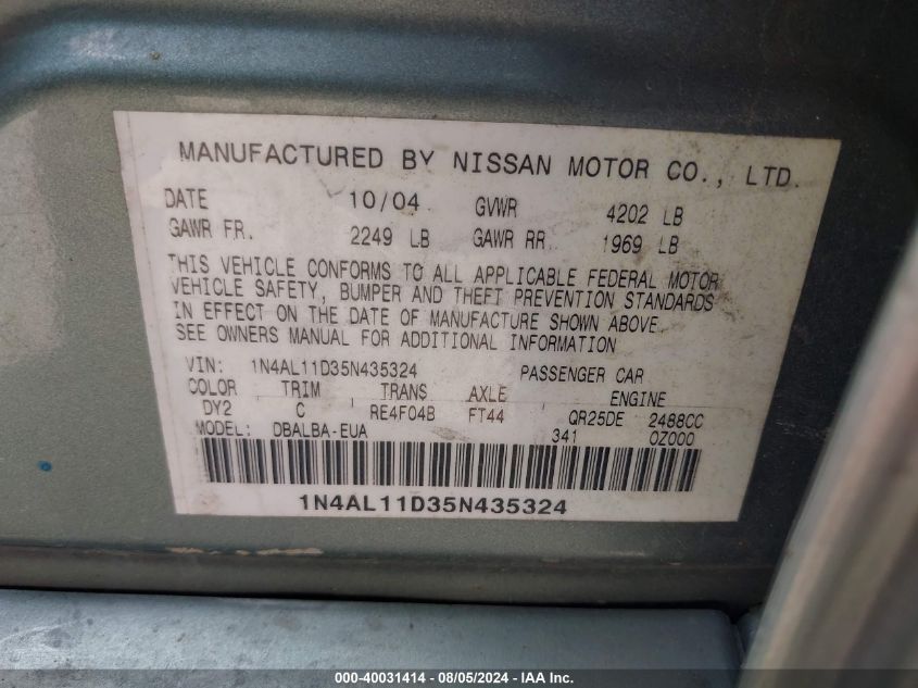 2005 Nissan Altima 2.5 S VIN: 1N4AL11D35N435324 Lot: 40031414