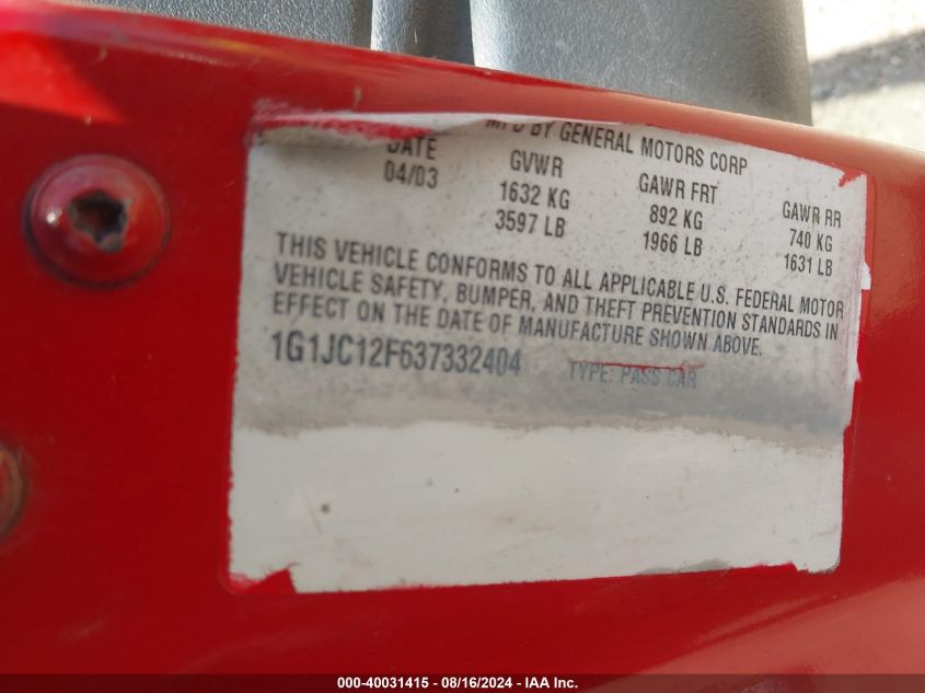 2003 Chevrolet Cavalier VIN: 1G1JC12F637332404 Lot: 40031415